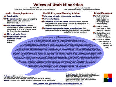 Voices of Utah Minorities Don Gray, PhD University of Utah, Department of Family and Preventive Medicine Health Messaging Advice