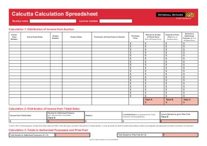 Calcutta Calculation Spreadsheet Society name Licence number  Calculation 1: Distribution of Income from Auction
