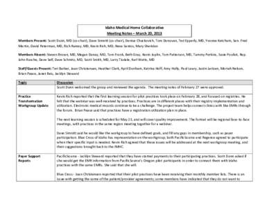 Idaho Medical Home Collaborative Meeting Notes – March 20, 2013 Members Present: Scott Dunn, MD (co-chair), Dave Simnitt (co-chair), Denise Chuckovich, Tom Donovan, Ted Epperly, MD, Yvonne Ketchum, Sen. Fred Martin, Da