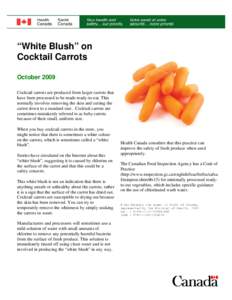 “White Blush” on Cocktail Carrots October 2009 Cocktail carrots are produced from larger carrots that have been processed to be made ready-to-eat. This normally involves removing the skin and cutting the