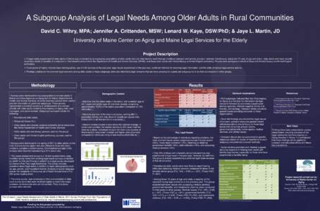 A Subgroup Analysis of Legal Needs Among Older Adults in Rural Communities David C. Wihry, MPA; Jennifer A. Crittenden, MSW; Lenard W. Kaye, DSW/PhD; & Jaye L. Martin, JD University of Maine Center on Aging and Maine Leg