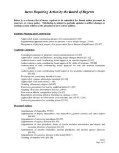 Items Requiring Action by the Board of Regents Below is a reference list of items required to be submitted for Board action pursuant to state law or system policy. This listing is subject to periodic updates to reflect c