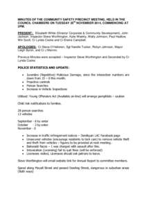 MINUTES OF THE COMMUNITY SAFETY PRECINCT MEETING, HELD IN THE COUNCIL CHAMBERS ON TUESDAY 25th NOVEMBER 2014, COMMENCING AT 2PM. PRESENT: Elizabeth White (Director Corporate & Community Development), John Jackson, Inspec