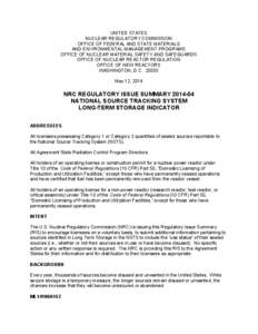 NRC Regulatory Issue Summary[removed]: National Source Tracking System Long-Term Storage Indicator.