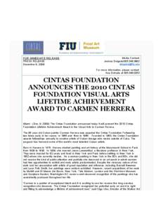 2010 Lifetime Achievement Award Announced by Cintas Foundation Program at FIU Frost Art Museum Announces