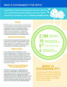 WHAT IS SUSTAINABILITY FOR SEPTA? Sustainability is more than just ‘going green.’ It is a key component of our comprehensive corporate strategy as well as our regional responsibility. Sustainability, in short, is cen