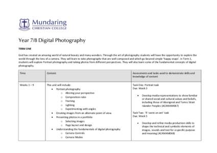 Year 7/8 Digital Photography TERM ONE God has created an amazing world of natural beauty and many wonders. Through the art of photography students will have the opportunity to explore the world through the lens of a came
