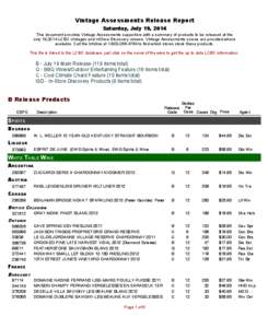 Vintage Assessments Release Report Saturday, July 19, 2014 This document provides Vintage Assessments supporters with a summary of products to be released at the July 19,2014 LCBO Vintages and InStore Discovery release. 