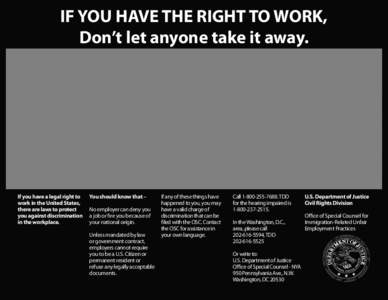 U.S. Department of Justice Office of Special Counsel / Discrimination / United States Department of Justice Civil Rights Division / Government / Justice / United States Department of Justice / United States Office of Special Counsel / Office of Special Counsel for Immigration-Related Unfair Employment Practices