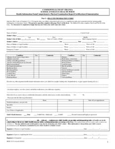 Click here to reset the student specific fields on these forms. Parent or Guardian information will not be affected by this RESET function.  COMMONWEALTH OF VIRGINIA SHOW Instruction box SCHOOL ENTRANCE HEALTH FORM Healt