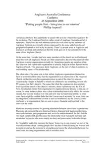 Anglicare Australia Conference  Canberra  25 September 2006  ‘Putting people first – being true to our mission’  Phillip Aspinall  ___________________________________________________________________