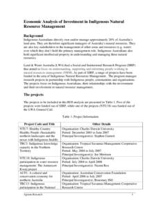 Economic Analysis of Investment in Indigenous Natural Resource Management Background Indigenous Australians directly own and/or manage approximately 20% of Australia’s land area. They are therefore significant managers