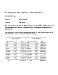 FOR PRESENTATION AT THE COMMISSION MEETING OF MAY 7, 2012 AGENDA ITEM NO. 64  SUBJECT: