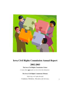 Iowa Civil Rights Commission Annual Report[removed]The Iowa Civil Rights Commission Vision: A state where all people are free from discrimination. The Iowa Civil Rights Commission Mission: Enforcing civil rights throug
