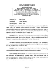 VILLAGE OF CORNWALL-ON-HUDSON County of Orange, State of New York Resolution of Adoption RESOLUTION OF THE VILLAGE BOARD OF THE VILLAGE OF CORNWALL-ON-HUDSON