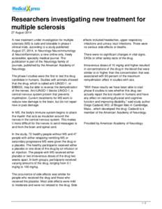 Researchers investigating new treatment for multiple sclerosis