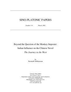 Beyond the Question of the Monkey Imposter: Indian Influence on the Chinese Novel The Journey to the West