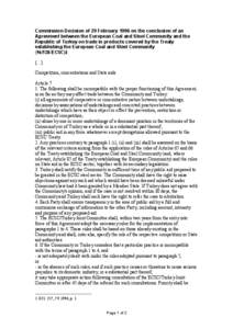 Commission Decision of 29 February 1996 on the conclusion of an Agreement between the European Coal and Steel Community and the Republic of Turkey on trade in products covered by the Treaty establishing the European Coal