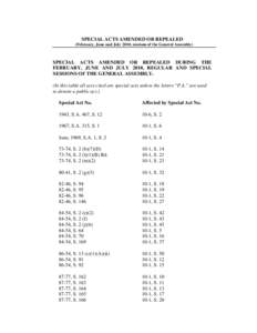 SPECIAL ACTS AMENDED OR REPEALED (February, June and July 2010, sessions of the General Assembly) SPECIAL ACTS AMENDED OR REPEALED DURING THE FEBRUARY, JUNE AND JULY 2010, REGULAR AND SPECIAL SESSIONS OF THE GENERAL ASSE