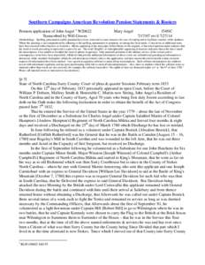 Southern Campaigns American Revolution Pension Statements & Rosters Pension application of John Angel 1 W20622 Transcribed by Will Graves Mary Angel