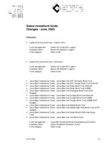 Swiss investment funds Changes - June, 2005 Authorized: •  cosba (CH) euro bond fund - medium term