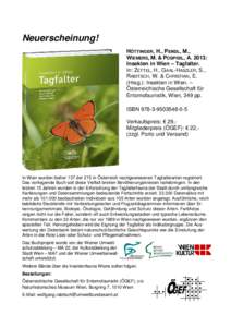 Neuerscheinung! HÖTTINGER, H., PENDL, M., WIEMERS, M. & POSPISIL, A. 2013: Insekten in Wien – Tagfalter. In: ZETTEL, H., GAAL-HASZLER, S., RABITSCH, W. & CHRISTIAN, E.