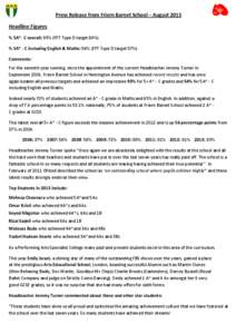 Press Release from Friern Barnet School – August 2013 Headline Figures % 5A*- C overall: 93% (FFT Type D target 84%) % 5A* - C including English & Maths: 54% (FFT Type D target 57%) Comments: For the seventh year runni