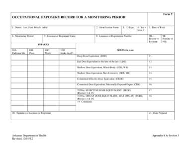 Form Y  OCCUPATIONAL EXPOSURE RECORD FOR A MONITORING PERIOD 1. Name: Last, First, Middle Initial  2. Identification Name