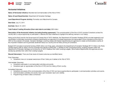 Horizontal Initiatives Name of Horizontal Initiative: Bicentennial Commemoration of the War of 1812 Name of Lead Department(s): Department of Canadian Heritage Lead Department Program Activity: Promotion and Attachment t