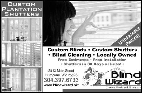 Custom Blinds • Custom Shutters • Blind Cleaning • Locally Owned Free Estimates • Free Installation • Shutters in 30 Days or Less! •  2813 Main Street