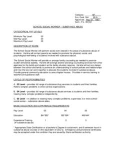 Category: ______187_____ Exc. Qual. Std. ___26-A___ Approved: _May 27, 1987_ Auth.: P.L[removed]SCHOOL SOCIAL WORKER – SUBSTANCE ABUSE CATEGORICAL PAY LEVELS: