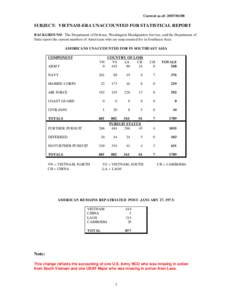 Current as of: [removed]SUBJECT: VIETNAM-ERA UNACCOUNTED FOR STATISTICAL REPORT BACKGROUND: The Department of Defense, Washington Headquarters Service, and the Department of State report the current numbers of America