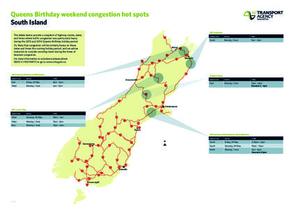 Queens Birthday weekend congestion hot spots South Island SH1 Kaikoura The tables below provide a snapshot of highway routes, dates and times where traffic congestion was particularly heavy