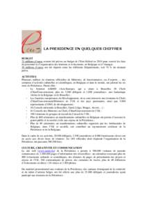 LA PRESIDENCE EN QUELQUES CHIFFRES BUDGET 75 millions d’euros avaient été prévus au budget de l’Etat fédéral en 2010 pour couvrir les frais de personnel et d’organisation des réunions et événements, en Belg