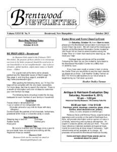 Volume XXXVII No. 9  Brentwood, New Hampshire Recycling Pickup Dates October 8 & 9