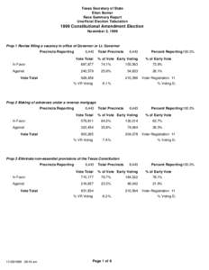 Texas Secretary of State Elton Bomer Race Summary Report Unofficial Election Tabulation[removed]Constitutional Amendment Election