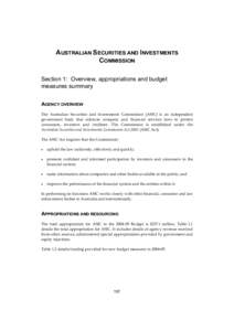 AUSTRALIAN SECURITIES AND INVESTMENTS COMMISSION Section 1: Overview, appropriations and budget measures summary AGENCY OVERVIEW The Australian Securities and Investments Commission (ASIC) is an independent