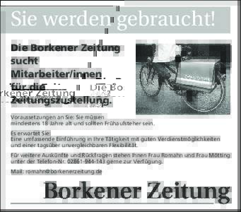 páÉ=ïÉêÇÉå=ÖÉÄê~ìÅÜí> Die Borkener Zeitung sucht Mitarbeiter/innen für die Zeitungszustellung.
