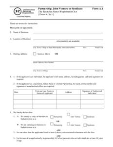 Partnership, Joint Venture or Syndicate The Business Names Registration Act Form A.1  [Clause 4(1)(a.1)]