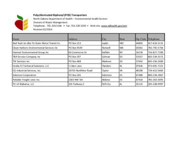 Polychlorinated Biphenyl (PCB) Transporters North Dakota Department of Health – Environmental Health Section Division of Waste Management Telephone: [removed] • Fax: [removed] • Web site: www.ndhealth.gov/wm 