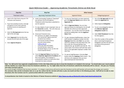 Quick Reference Guide – Approving Academic Timesheets Online via Web Kiosk Step One Step Two  Timesheets online