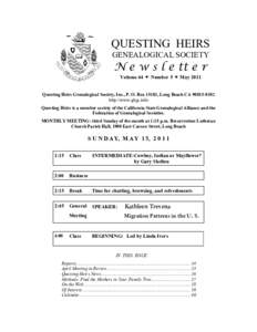 QUESTING HEIRS GENEALOGICAL SOCIETY N e w s l e tt e r Volume 44  Number 5  May 2011