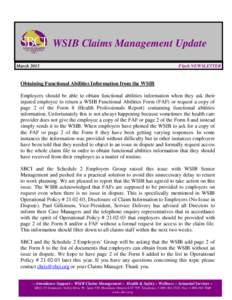 WSIB Claims Management Update March 2013 Flash NEWSLETTER  Obtaining Functional Abilities Information from the WSIB