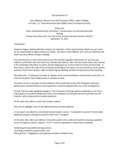 Oral Statement of Sam Gilliland, Chairman and Chief Executive Officer, Sabre Holdings Co-Chair, U.S. Travel Association Blue Ribbon Panel on Aviation Security Before the House Homeland Security Committee, Transportation 