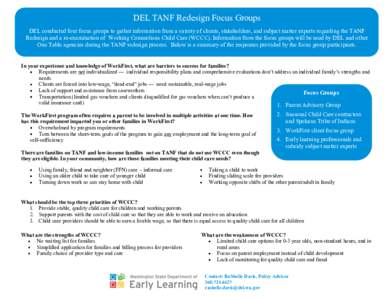 DEL TANF Redesign Focus Groups DEL conducted four focus groups to gather information from a variety of clients, stakeholders, and subject matter experts regarding the TANF Redesign and a re-examination of Working Connect