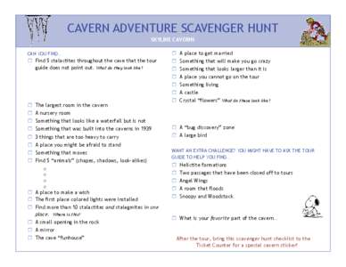 CAVERN ADVENTURE SCAVENGER HUNT SKYLINE CAVERNS CAN YOU FIND…  Find 5 stalactites throughout the cave that the tour guide does not point out. What do they look like?