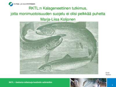 RKTL:n Kalageneettinen tutkimus, jotta monimuotoisuuden suojelu ei olisi pelkkää puhetta Marja-Liisa Koljonen Emil Walter