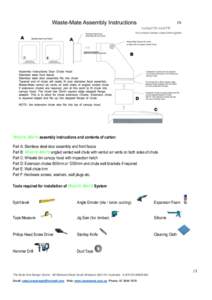 WASTE-MATE assembly instructions and contents of carton: Part A: Stainless steel door assembly and front fascia Part B: WASTE-MATE angled vented wall chute with venturi air vents on both sides of chute Part C: Wheelie bi