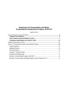 Department of Transportation and Works Transportation Infrastructure Projects, April 22, 2016 Provincial Roads Program .................................................................................