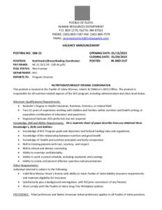 PUEBLO OF ISLETA HUMAN RESOURCES DEPARTMENT P.O. BOX 1270, ISLETA, NM[removed]PHONE: ([removed]FAX: ([removed]EMAIL: [removed] VACANCY ANNOUNCEMENT